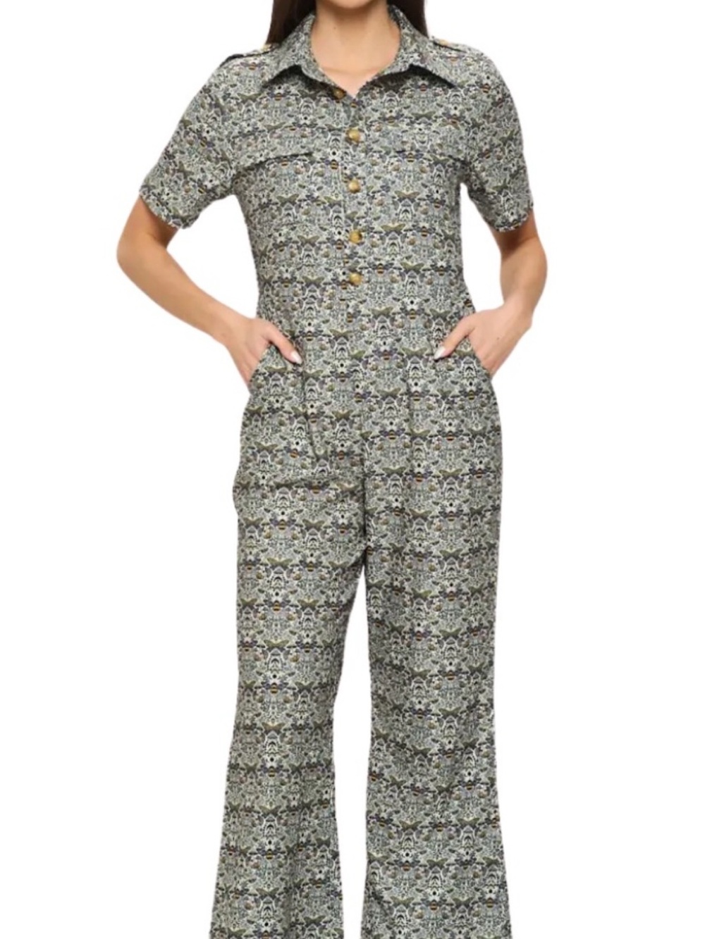 SM Wardrobe Bee Mushroom Print Corduroy Short Sleeve Jumpsuit Large Green Retro